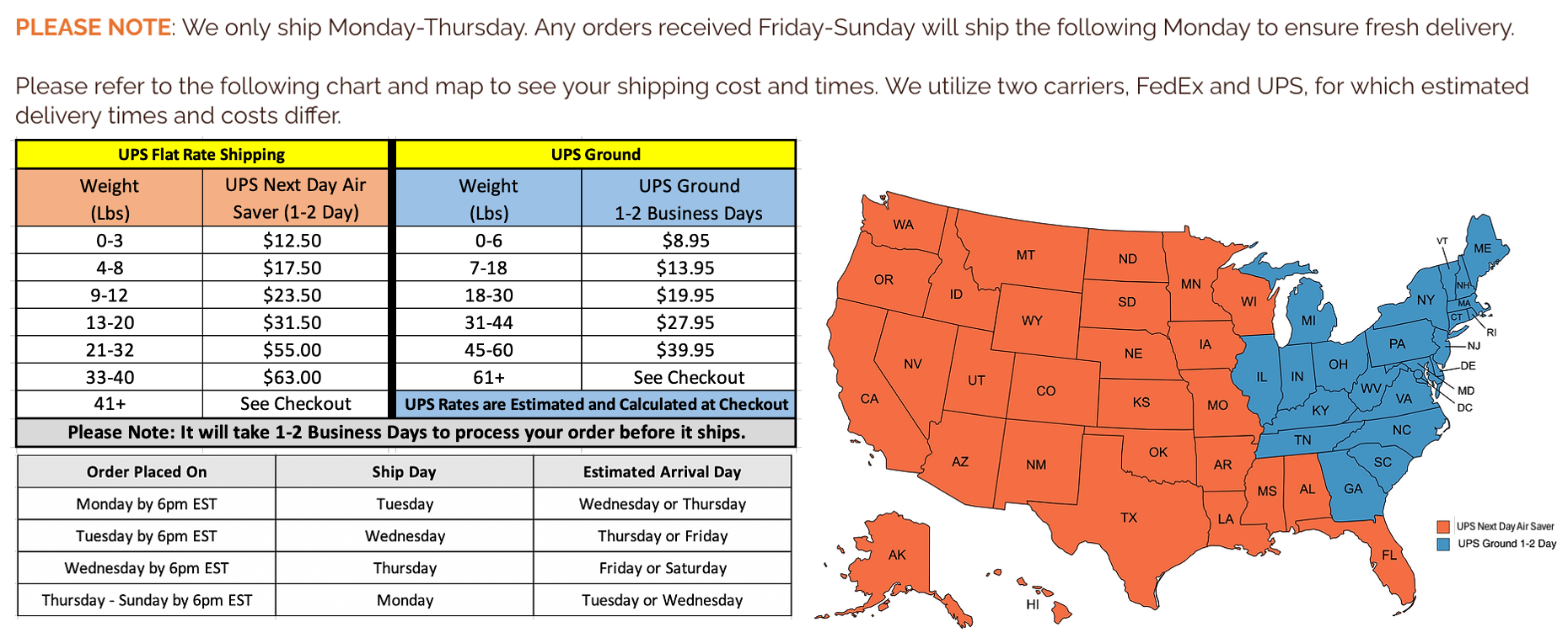 Map of the United States with shipping zones color-coded and a chart detailing shipping costs and times.